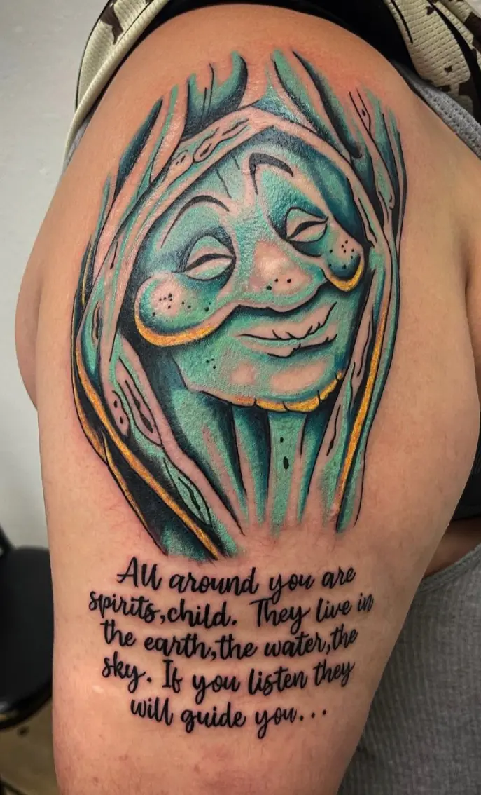 A tattoo of a woman with a quote on it.