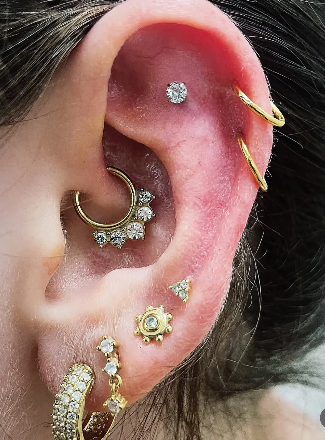 A woman 's ear with multiple piercings and a flower.